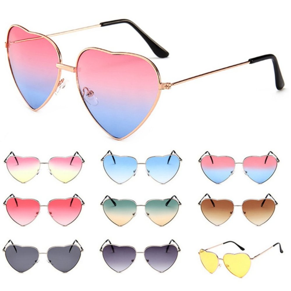 TEMP OUT OF STOCK Heart Shaped UV400 Blue & Pink Sunglasses Gold Metal Rim - Picture 6 of 14